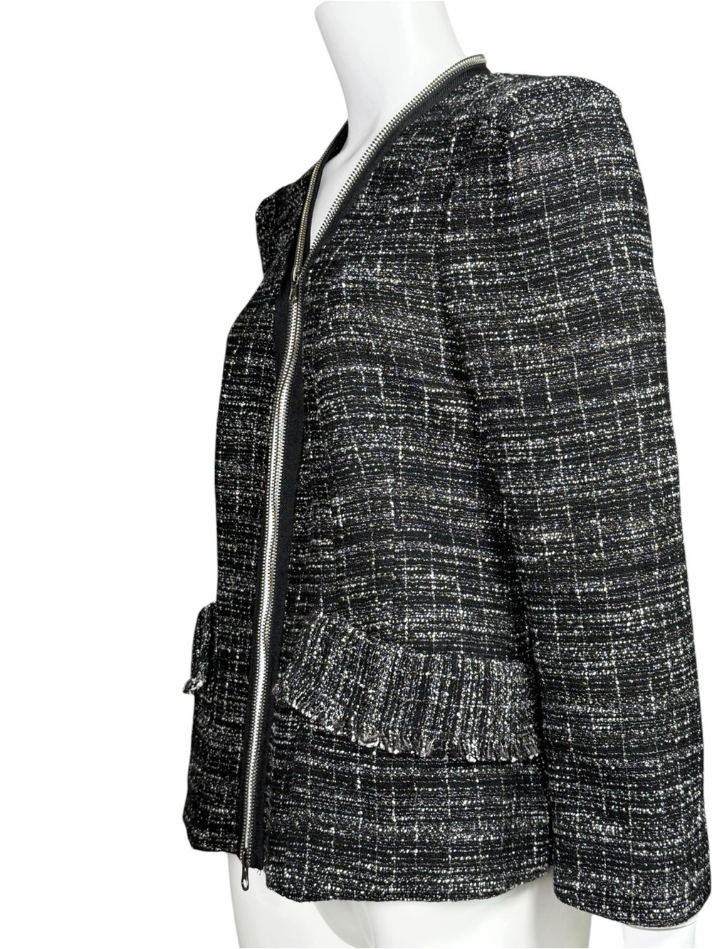 Nanette Lepore Black Tweed Jacket Linen Fringe Zip Made in USA Size 8 Preppy - Picture 6 of 10